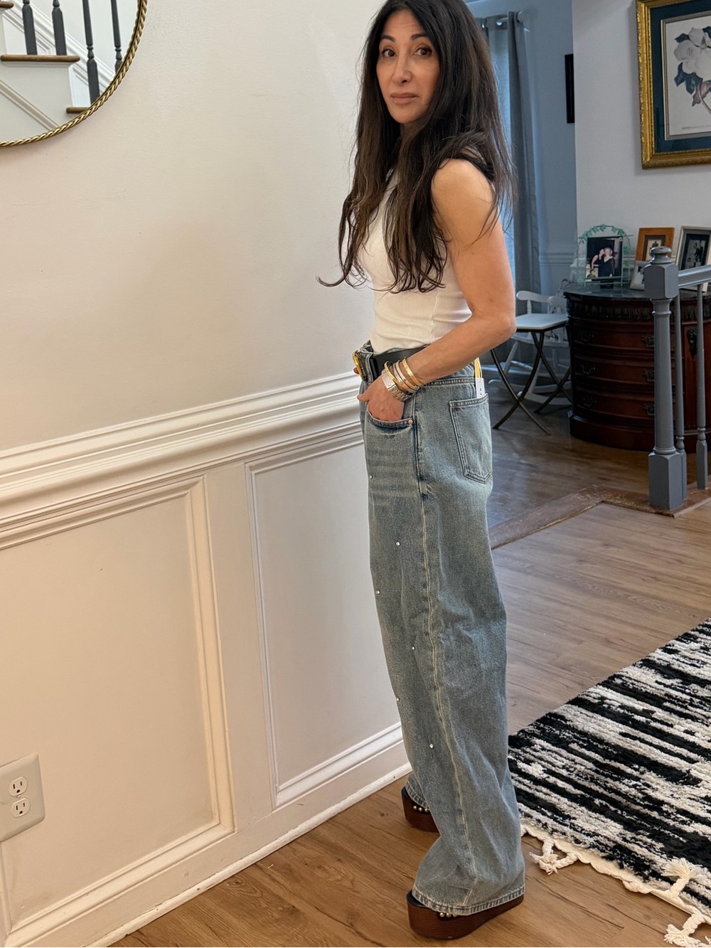 ShopEvelynne Light Gray Wide-Leg Jeans with Pearl Studs - Picture 4 of 4